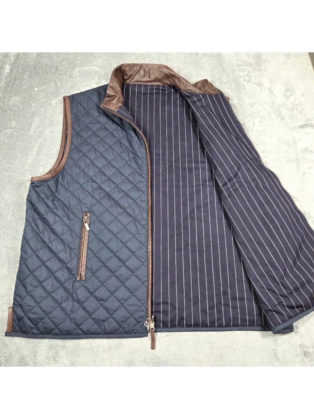 Hickey Freeman Vest XL Blue Reversible Quilted Striped Leather Trim Preppy Golf